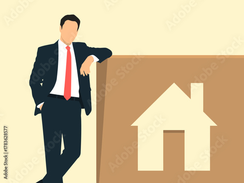 A professional illustration of a suited man leaning beside a house-shaped box, representing real estate, moving, or home services with style and sophistication.