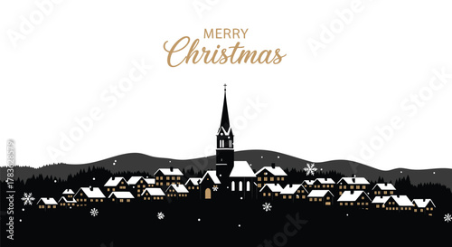 Elegant merry christmas greeting card featuring a charming snow covered village with a church steeple and festive golden text