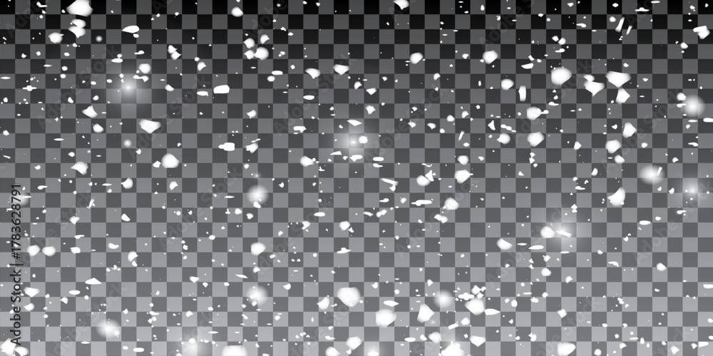 Obraz premium Snow and wind. Vector heavy snowfall, snowflakes in various shapes and forms. Many white cold flakes elements on a transparent background. 