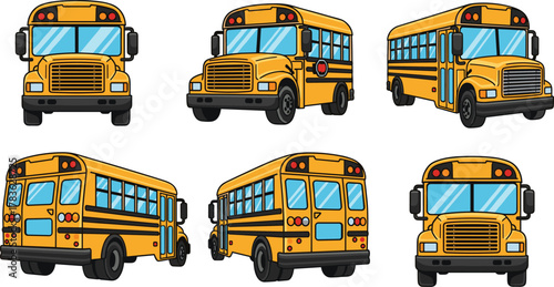 Cartoon school bus set, yellow transportation vehicle, front side rear view, stop sign, windows, educational icon, flat vector illustration, isolated transport design