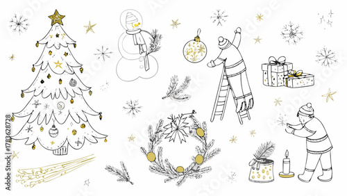 Whimsical hand drawn christmas elements featuring a tree snowman and festive decorations