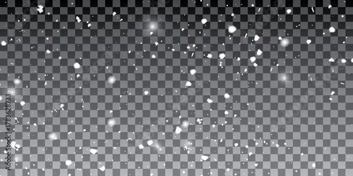 Snow and wind. Vector heavy snowfall, snowflakes in various shapes and forms. Many white cold flakes elements on a transparent background. White snowflakes are flying in the air. Vector