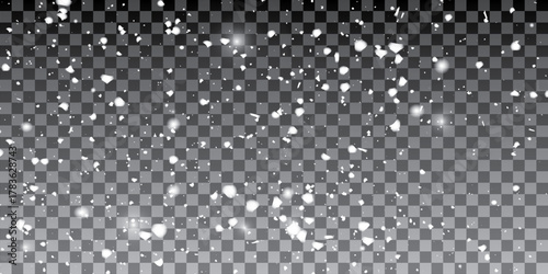 Snow and wind. Vector heavy snowfall, snowflakes in various shapes and forms. Many white cold flakes elements on a transparent background. White snowflakes are flying in the air. Vector