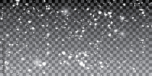 Snow and wind. Vector heavy snowfall, snowflakes in various shapes and forms. Many white cold flakes elements on a transparent background. White snowflakes are flying in the air. Vector