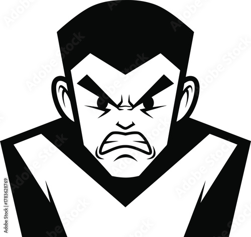 An angry cartoon man with a scowl isolated on white background the character has a dark haircut and eyebrows, and a light skin tone his mouth is open in a snarl, and his eyes are narrowed in anger he 