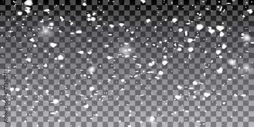 Snow and wind. Vector heavy snowfall, snowflakes in various shapes and forms. Many white cold flakes elements on a transparent background. 