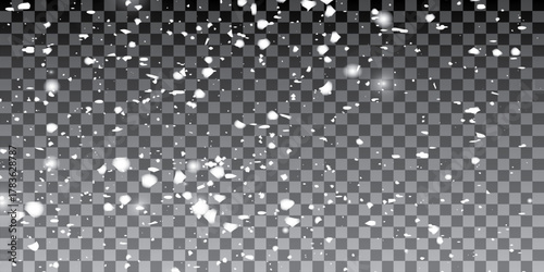 Snow and wind. Vector heavy snowfall, snowflakes in various shapes and forms. Many white cold flakes elements on a transparent background. 