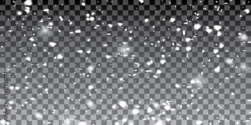 Snow and wind. Vector heavy snowfall, snowflakes in various shapes and forms. Many white cold flakes elements on a transparent background. 