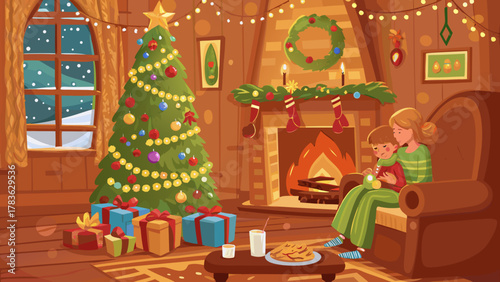 Cozy christmas eve scene with family by the fireplace and decorated tree