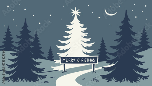 Magical Snowy Forest Night with Glowing Christmas Tree and Starry Sky