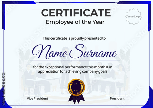 Blue Border with Office Illustration and Seal certificate for employee recognition