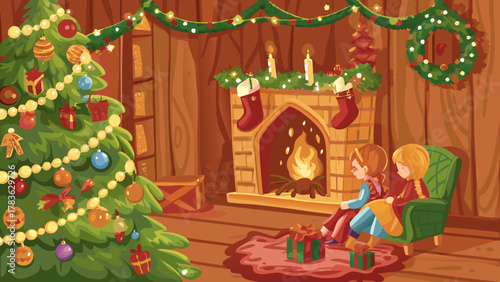 Two young girls enjoy a cozy christmas eve by a warm fireplace and decorated tree
