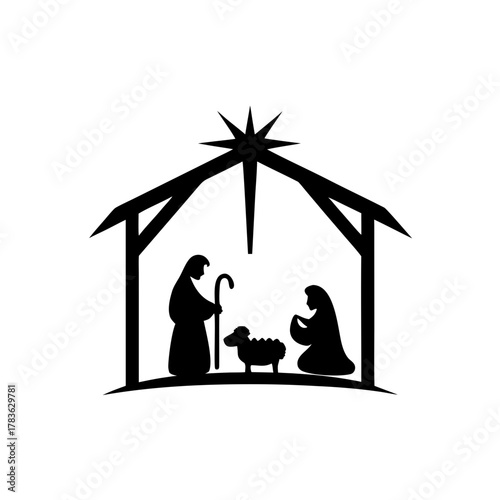 Silhouette of nativity scene with star and figures on transparent background