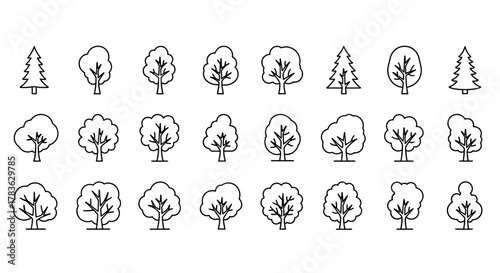 Collection of diverse tree icons in outline linear style, perfect for graphic and web design, apps, adverts, and various cards. This vector cartoon illustration features a white background