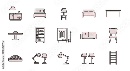 Vivid flat line icons set representing various furniture pieces for different rooms, including kitchen, bedroom, living room, and study. Icons feature a kitchen counter with hood and sink, a double
