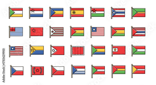 Collection of Flat Design Flag Icons for Apps, Websites, Banners, and Infographics, Vector Cartoon Illustration with Thin Line Style, Representing National Symbols and Sovereignty, Modern Graphic
