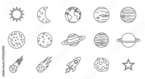 Cosmos line icon pack featuring planets, sun, moon, and rocket, perfect for graphic and web design, apps, adverts, and various cards. This vector cartoon illustration set includes celestial bodies