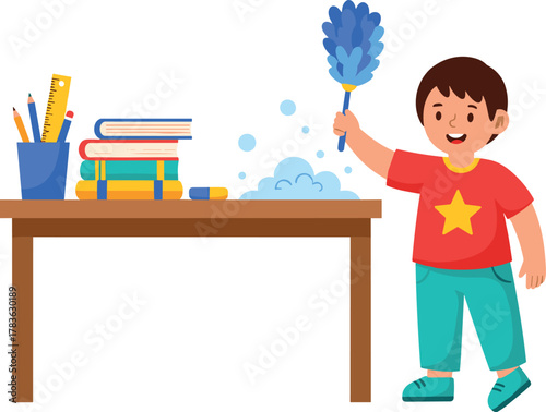 Child cleaning cartoon, study table hygiene illustration, responsibility concept vector, dusting with feather duster, educational chore scene, colorful character design, isolated on white background