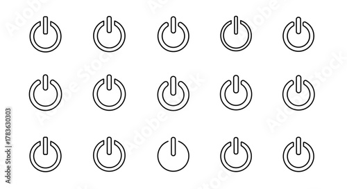 Set of 15 power button icons in a clean, abstract outline design, presented on a white background. This ordered collection of line icons represents the universal symbol for power, start, stop, and
