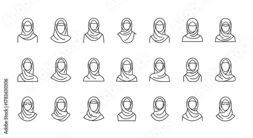 Set of 21 minimalist line icons representing women wearing hijabs, showcasing diverse styles and facial features, perfect for logos and digital applications on a clean white background, symbolizing
