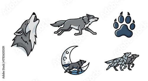 Collection of stylized wolf illustrations and icons, featuring a howling wolf head, a running wolf, a wolf paw print, a wolf on a crescent moon, and two geometric wolves, all on a clean white
