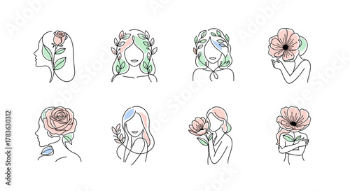 Minimalist linear illustrations of women adorned with flowers and leaves, presented in a clean, ordered set on a white background, embodying a delicate floral style and elegant simplicity for logo