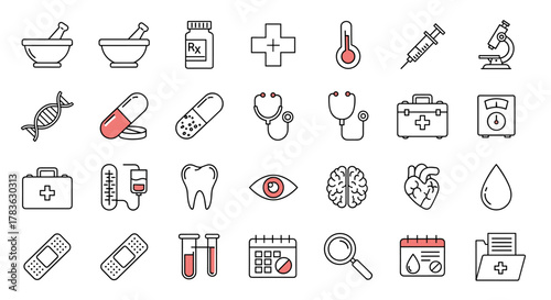 Collection of clean, modern line icons representing pharmacy, healthcare, medicine, and drugs, featuring editable strokes and perfect pixel rendering on a white background, ideal for medical and