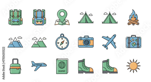 Vibrant collection of travel and vacation-related line icons, featuring backpacks, map pins, camping tents, compasses, cameras, airplanes, suitcases, passports, hiking boots, mountains, and a sun