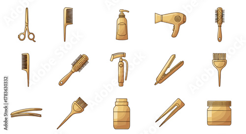 Golden gradient cartoon illustration of a set of professional hair salon tools on a white background, including scissors, combs, brushes, a hairdryer, a spray bottle, a flat iron, hair clips, a dye