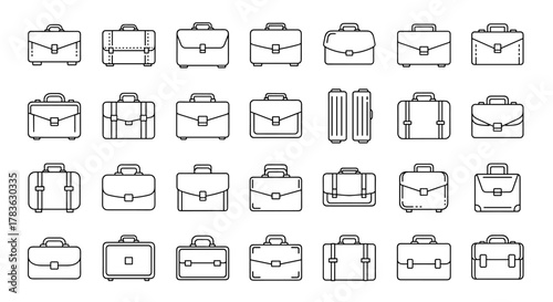 Collection of thin line icons representing briefcases and business suitcases, perfect for web, books, cards, and apps. This editable stroke vector illustration features a variety of professional bag