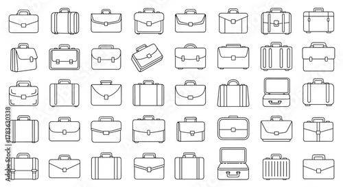 Collection of simple linear outline icons representing various briefcases and business suitcases, perfect for web, books, cards, and apps. Editable stroke for versatile design applications, suitable