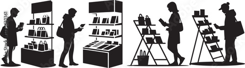 Silhouettes of people shopping looking at products on shelves in a store area