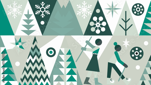 Geometric winter scene with stylized trees and skiers in teal and green hues