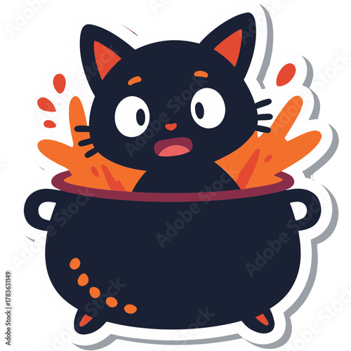 A little black cat inside a bubbling cauldron, looking mischievous | kawaii cartoon style | dark purples and greens | playful glowing potion bubbles | tiny smiling cat with bright eyes