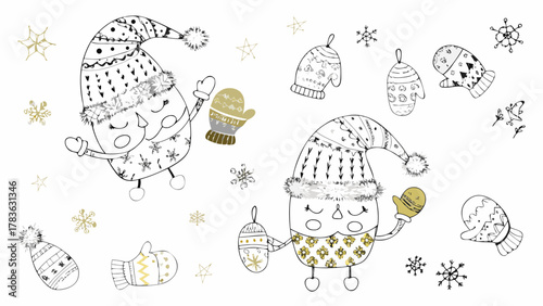 Whimsical hand drawn winter characters with festive mittens and snowflakes
