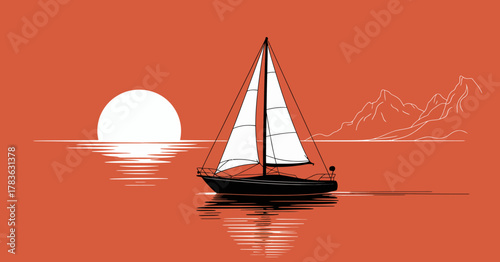 A serene scene depicts a sailboat gliding over calm waters during sunset, with mountains faintly visible, perfect for evoking feelings of tranquility and adventure.