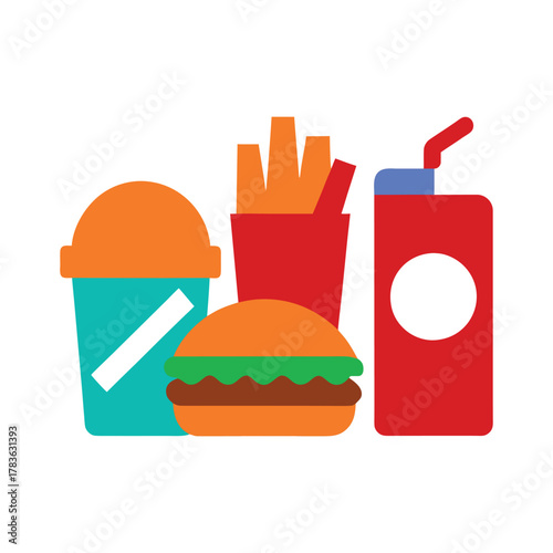 Colorful, cartoonish icons of a cheeseburger, a hot dog, a pack of french fries, and a soda can, all on a white background.