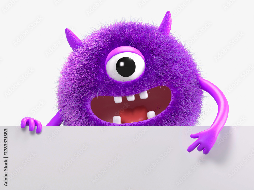 Fototapeta premium Fluffy, cute monster holds a blank sign, symbolizes information and advertising display. 3D rendering, conceptual image. Isolated on white background.