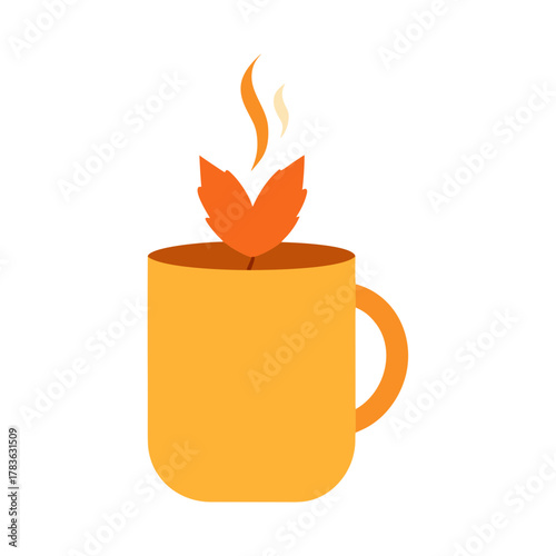 Single cozy mug with warm steam and autumn leaf cl vector illustration