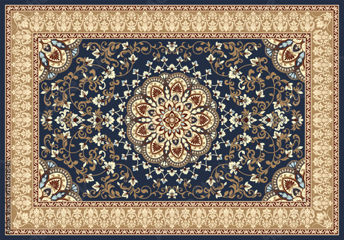 Elegant mandala floral carpet design with beige and gold damask ornaments on a navy background, perfect for luxury textile, rug, and home decor projects.