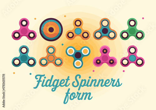 A vibrant artwork showcasing a variety of colorful fidget spinners, illustrating current trends in stress relief toys and playful designs, appealing to diverse age groups.