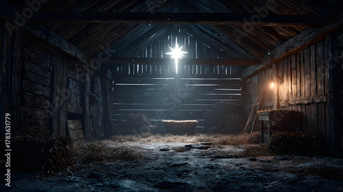 A serene Nativity scene, a rustic stable bathed in ethereal light, where a glimmering star hangs in the heavens above. The manger sits empty. ..Created with Generative AI, not depicting real subjects.
