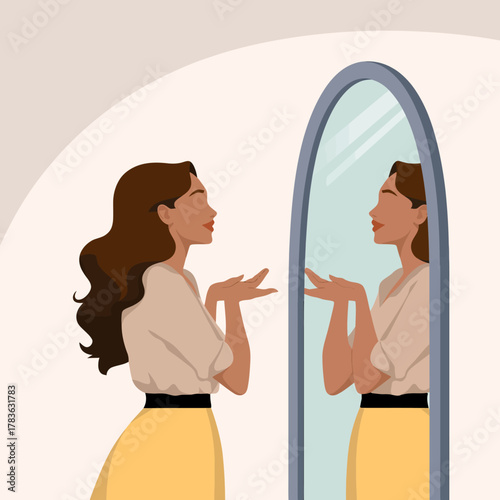 A woman stands in front of a modern, sleek mirror, expressing self-reflection and contemplation, symbolizing inner beauty and self-acceptance in contemporary design.