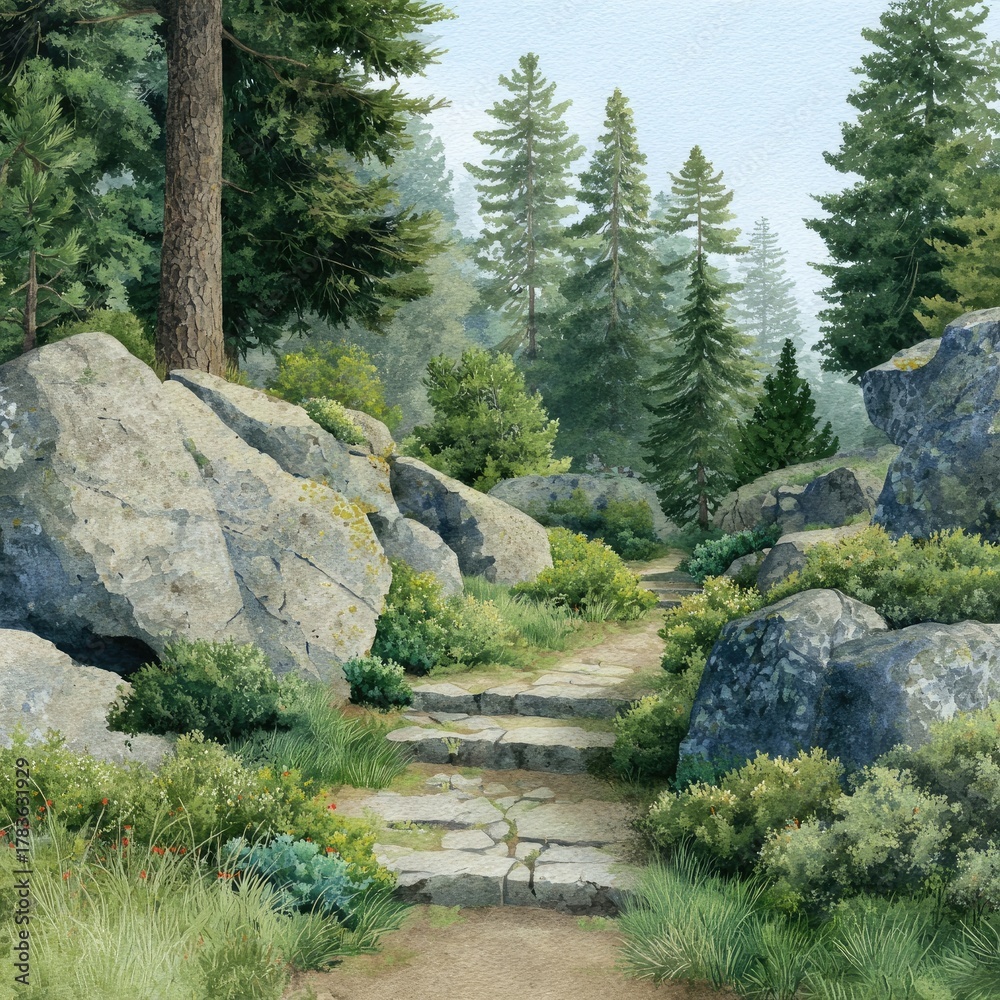 Obraz premium Stone path winding through a forest with large rocks