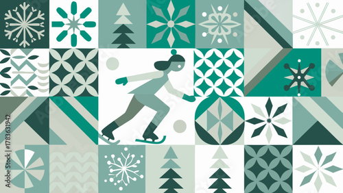 Geometric winter scene featuring a skater and festive patterns in teal and gray