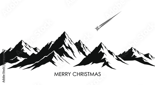 Minimalist black and white silhouette of majestic mountain peaks under a starry sky with a shooting star and merry christmas text