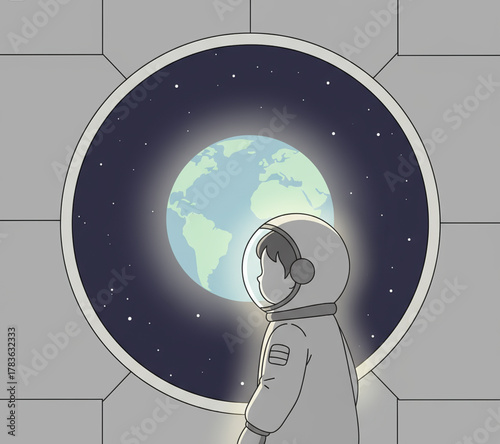 A contemplative astronaut looks out a circular window at the blue planet Earth, a quiet moment of reflection in the vastness of space