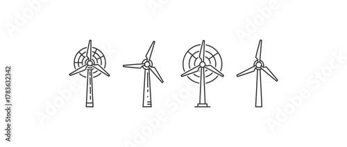 Line drawing of four windmills standing together side by side. Suitable for travel brochures, renewable energy materials, and historical illustrations.