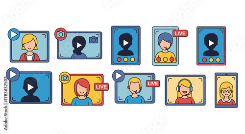 Collection of diverse cartoon avatars and user profiles displayed within video frames, featuring play buttons, camera icons, and 'LIVE' indicators, representing social media live streaming and online
