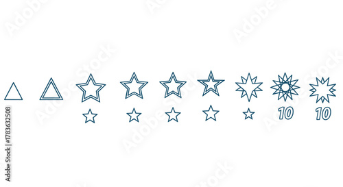 Collection of outline star and triangle symbols, including a double-lined triangle, various star shapes from simple to complex, and stars with numbers '10', perfect for infographics, articles, books